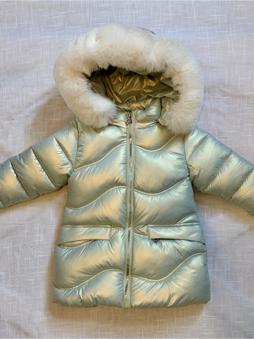 Kids Metallic Light blue Puffer Coat with Faux Fur Hood
